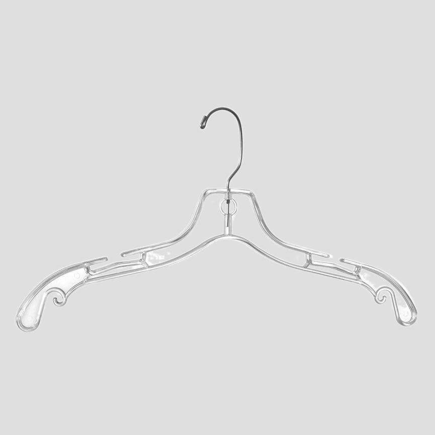 10 Series  5400 17″ CLEAR PLASTIC SHIRT TOP DRESS HANGERS WITH 360 SWIVEL METAL HOOK AND NOTCHES FOR STRAPS