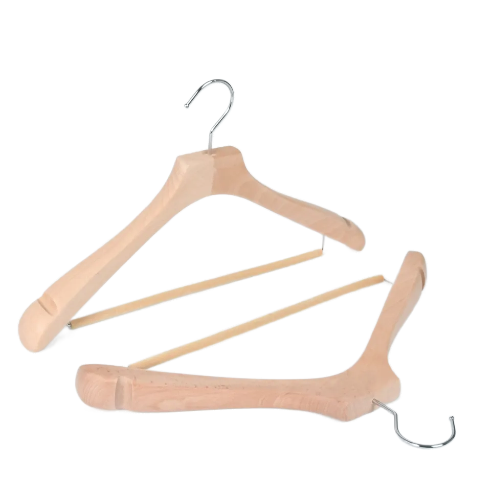 WH015 Natural  wide shoulder Wooden top suit hanger with notches and bar