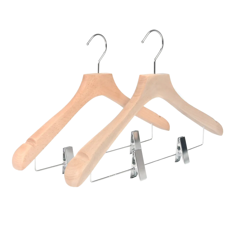 WCH013 natural Wide shoulder Wooden top suit hanger with clips